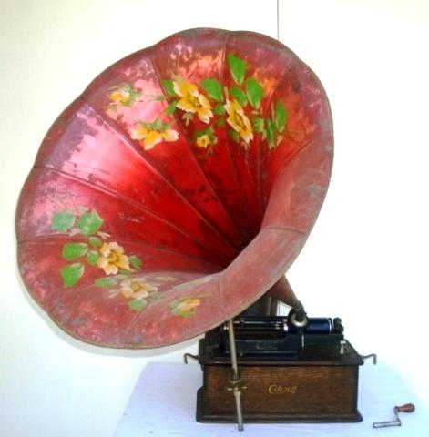 EDISON HOME PHONOGRAPH W/MORNING GLORY HORN: ORIG. FINISH, ORIG. PAINT ON HORN SOME RUST , REPRODUCER, W/STAND