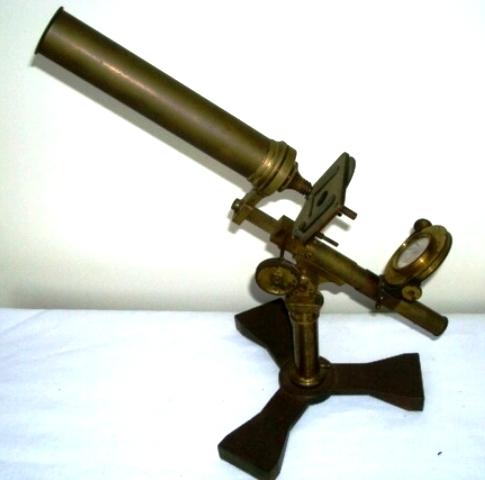 BRASS MICROSCOPE: BRASS MICROSCOPE W/IRON BASE 14"