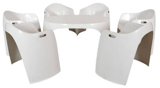 WALTER PAPST XX: Garden table with six matching chairs. Polyester. German work, 1954. Seat of each chair has holes, not original. Slightly restored. Dimensions: