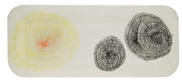 PIERO FORNASETTI (1913-1988): Serving tray. Enamelled metal. Dimensions: 25 x 59