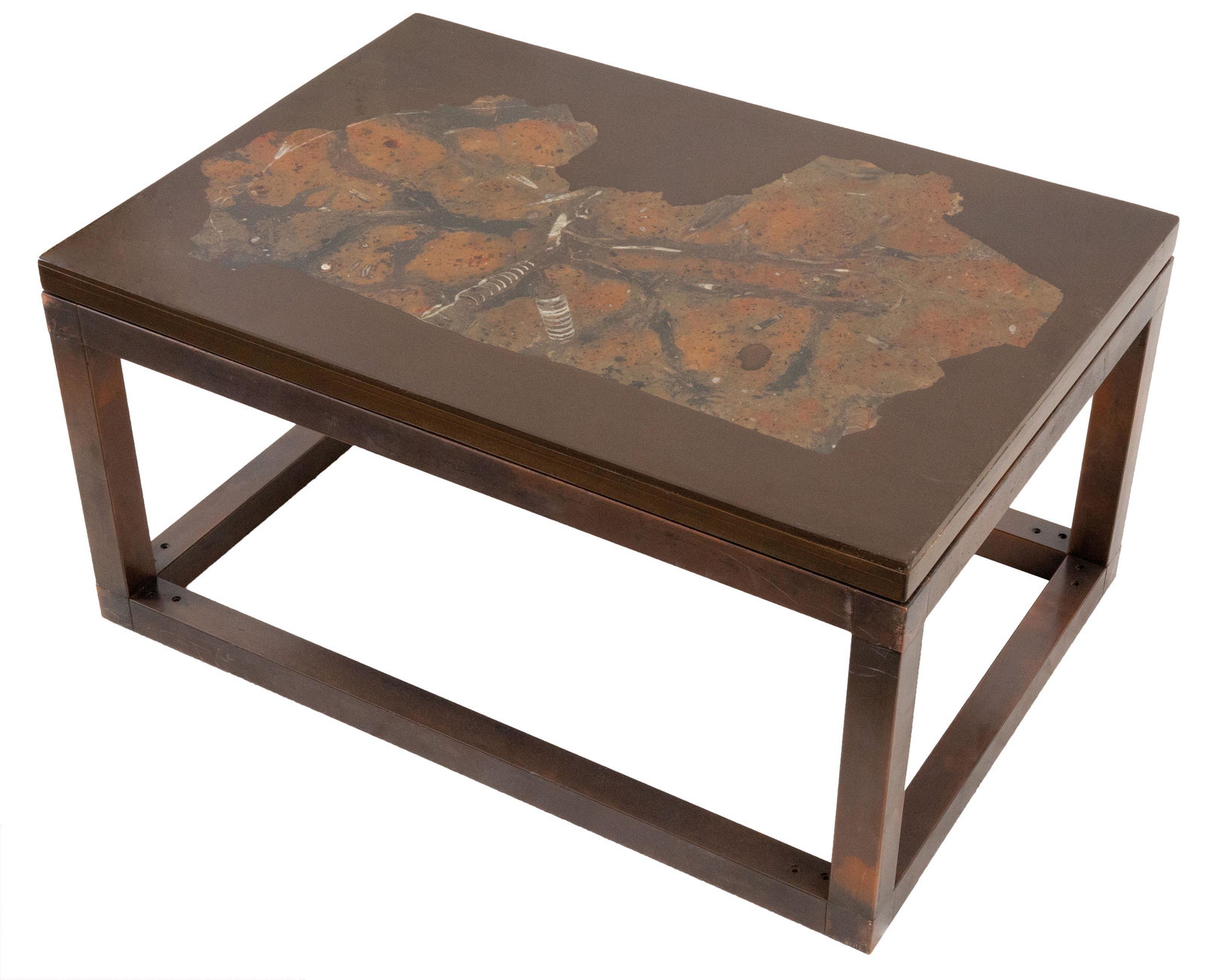 ETIENNE ALLEMEERSCH (1926-2002): Coffee table/side table. 1970s. Patinated steel structure. Epoxy top with brown marble inlay.40 x 80 x 55 cmDescription FRTable d'appoint. Vers 1970. PiÃ©tement en acier patinÃ©. Dessus en Ã©pox