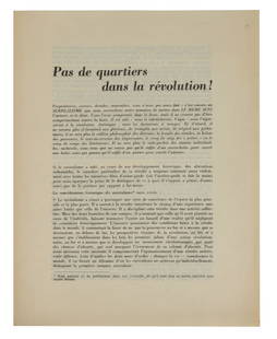 (Broodthaers) 'Pas de Quartiers dans le Révolution: (Broodthaers) 'Pas de Quartiers dans le Révolution' (Bruxelles, 7 juin 1947). Tract.4 pp. in-4°, printed in black. Tract written by Christian Dotremont and Jean Seeger which sanctions the notion