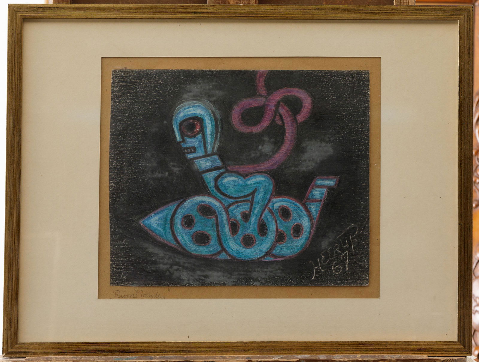 HENRY HEERUP (1907-1993): 'RÃ¼mmanden', 1967. 'Sirene'.A set of two drawings:Chalk, signed and dated. Colour crayon, signed. Both framed.295 x 350/ 235 x 470 mm(475 x 630/ 475 x 630 mm)Description FR'RÃ¼mmanden', 1