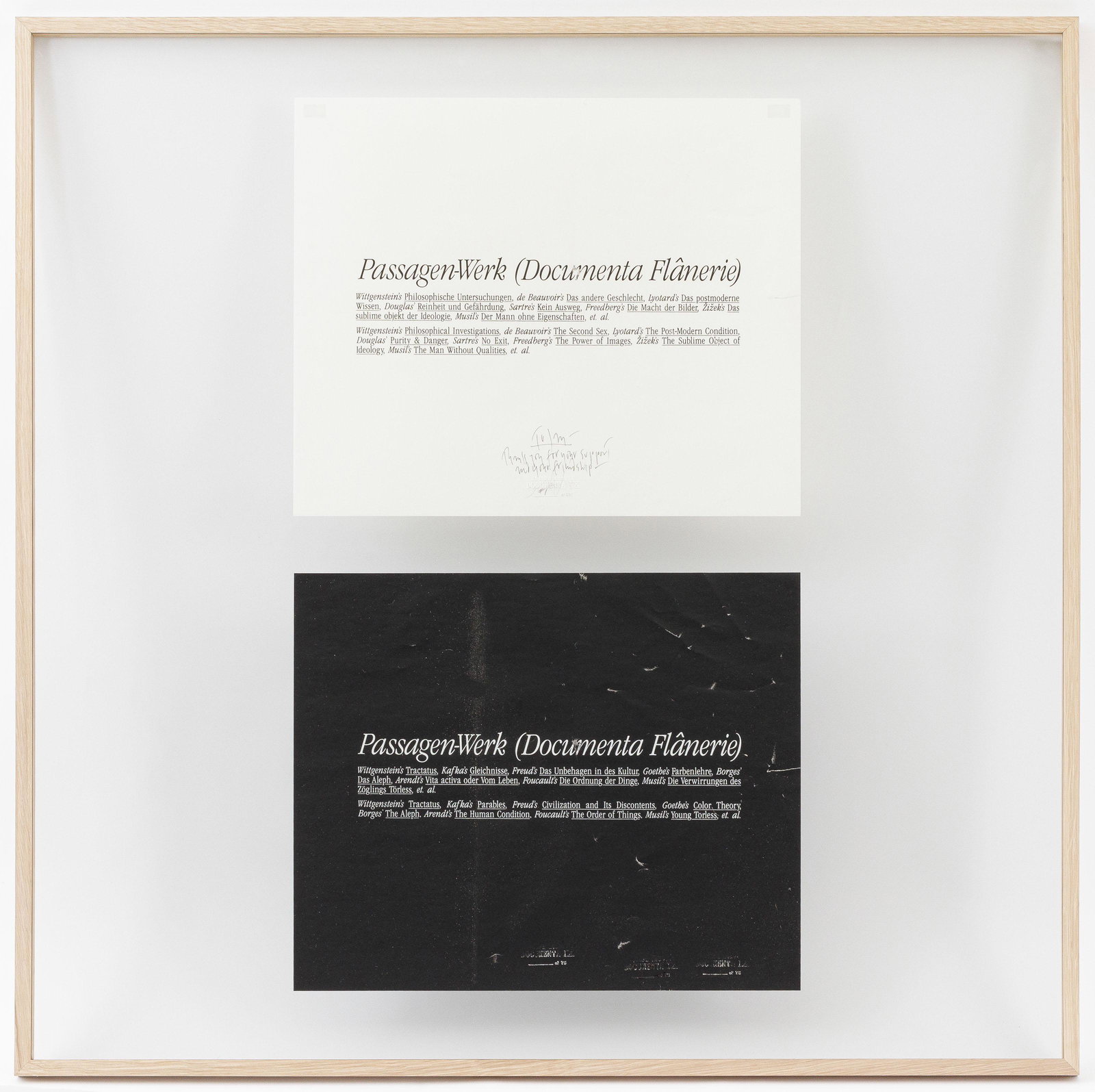 JOSEPH KOSUTH (Â°1945): 'Passagen-Werk (Documenta FlÃ¢nerie)', 1992.Offset lithograph. Diptych. Signed in black marker on the reverse and numbered 1/75. With handwritten dedication to Jan Hoet. Second part slightly damaged