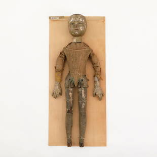 An exceptional doll. Netherlands. Probably late 17th century. Head, forearms and hands, hips, legs a: Description EN An exceptional doll. Netherlands. Probably late 17th century. Head, forearms and hands, hips, legs and feet in wood, set with a thin layer of painted plaster. Torso and arms in