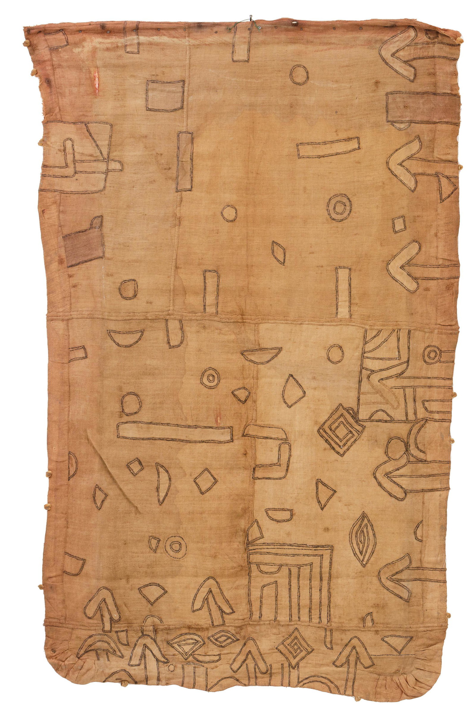 Fragment of a ntshak (ceremonial overskirt). D. R. Congo, Kuba peoples. Mounted on a wooden beam wi: Description ENFragment of a ntshak (ceremonial overskirt). D. R. Congo, Kuba peoples. Mounted on a wooden beam with restorations.Beschrijving NLFragment van een ntshak (ceremoniële overrok). DRC