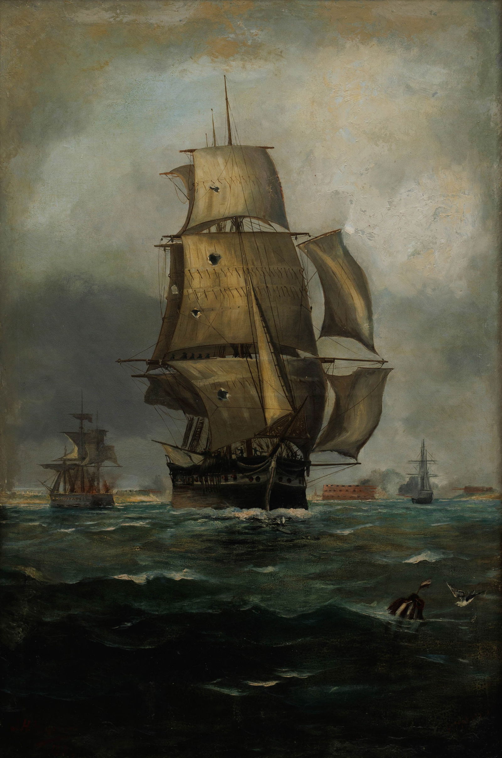 JOHN HENRY MOHRMANN (1857-1916): Description ENOn the run, 1887. Oil on canvas (relined). Signed and dated 'J. H. Mohrmann/ 1887'. Period gilt frame.Beschrijving NLOp de vlucht, 1887. Olie op doek (verdoekt). Getekend en gedat