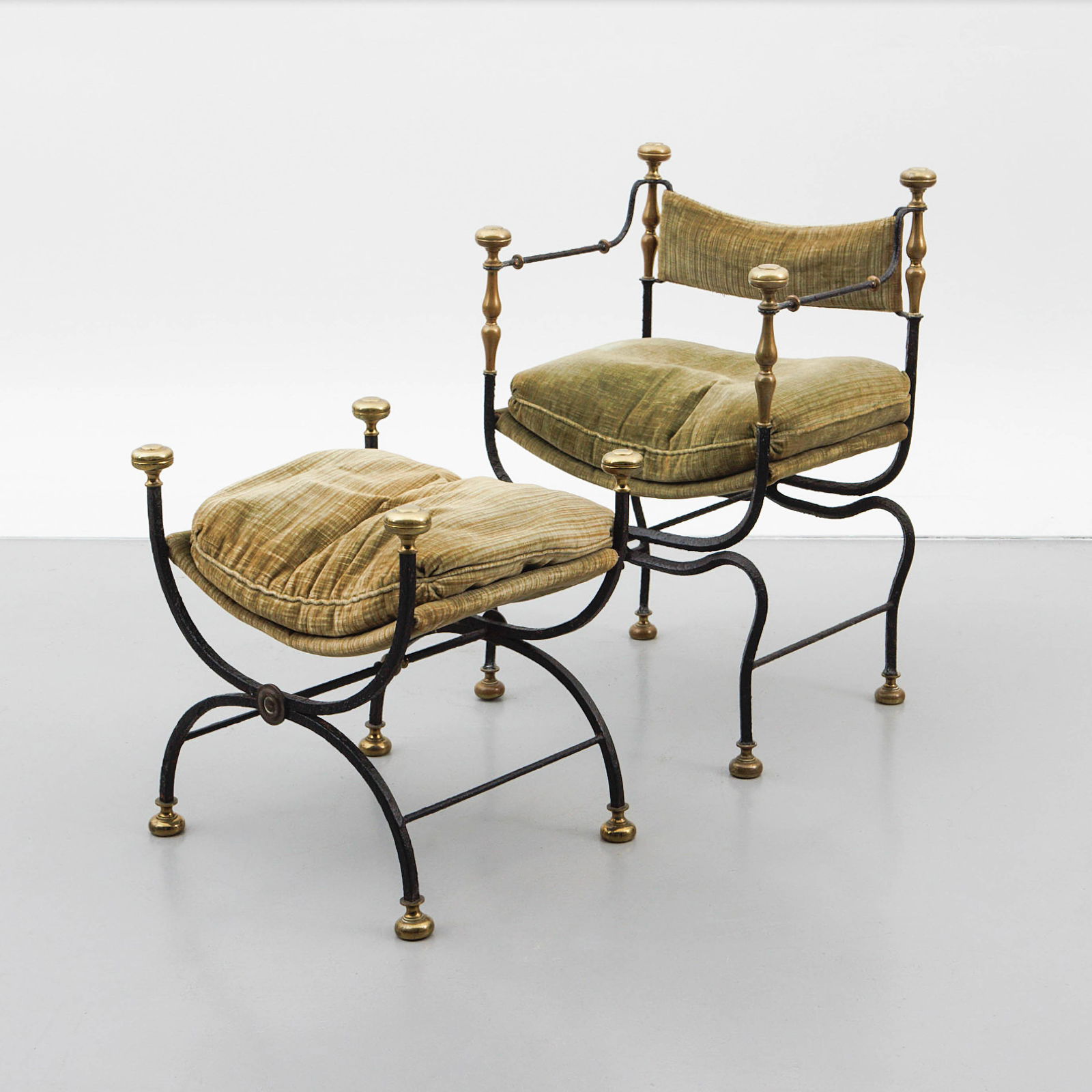 A wrought iron, brass and velvet Dagobert chair with ottoman. (1 of 5)