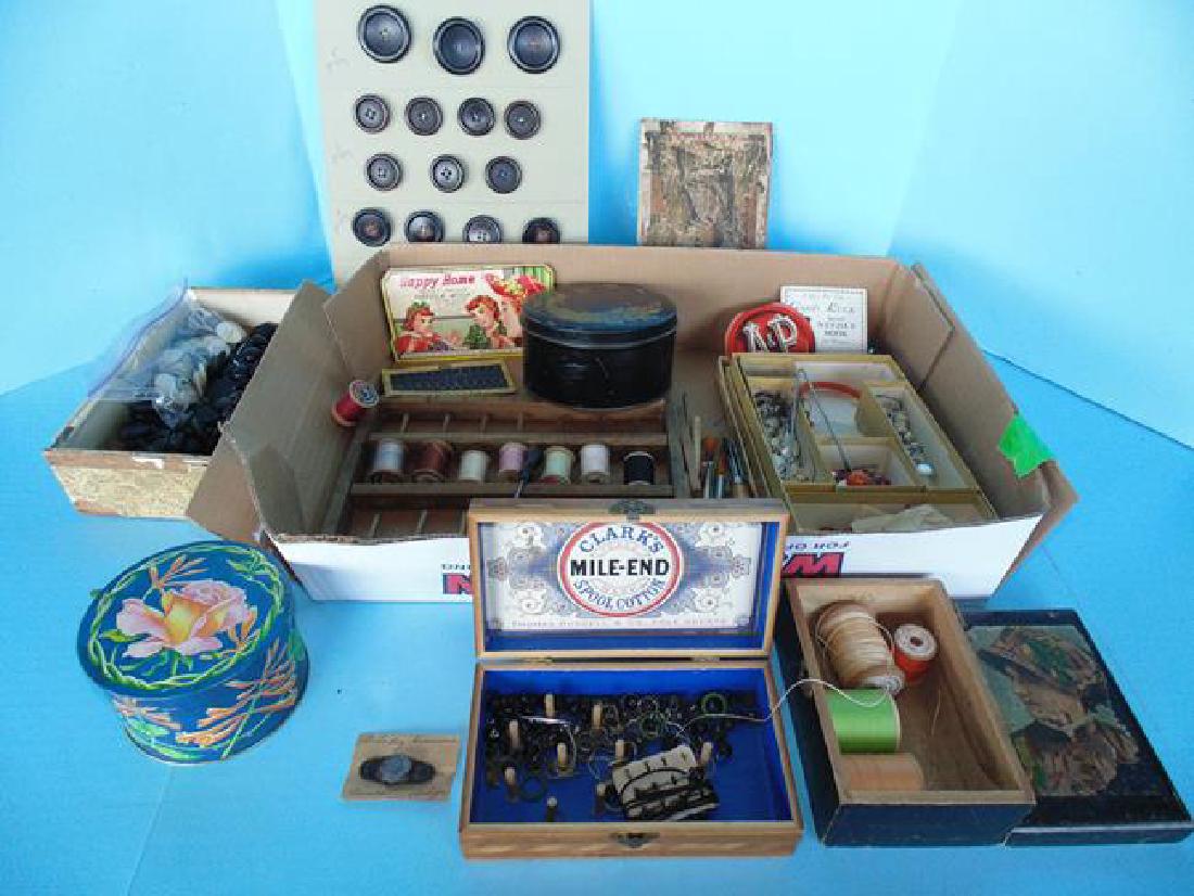 Sewing Items: Group of sewing needle cases, spools, buttons, etc.