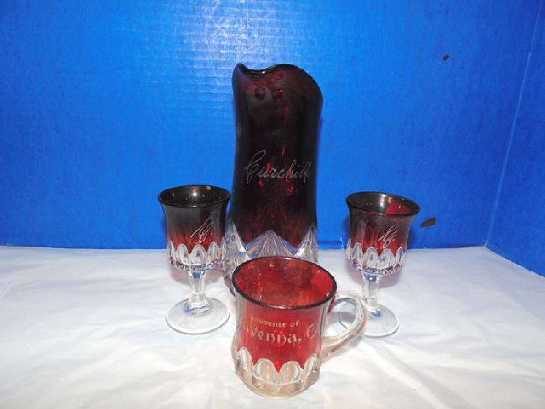 Ruby / Clear Souvenir Glass Pitcher & Cups (1 of 1)