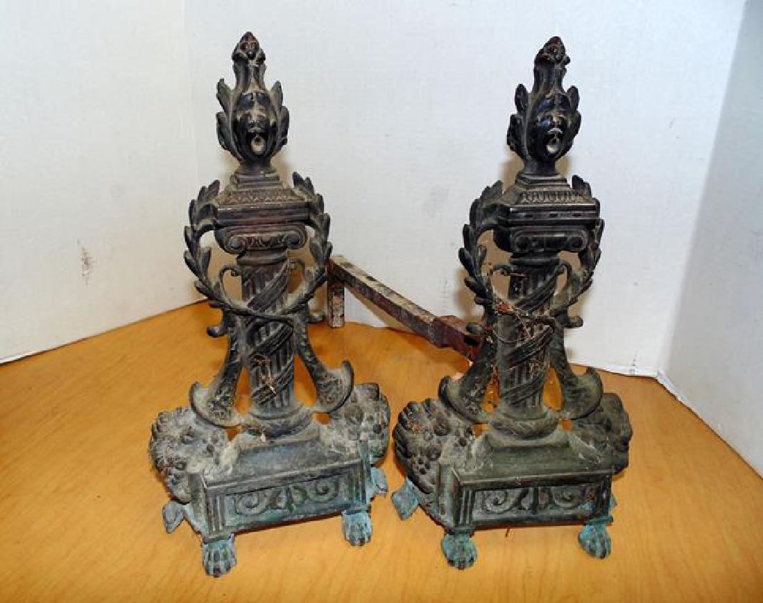 Andirons: Flame top pillar Andirons with claw feet. .
