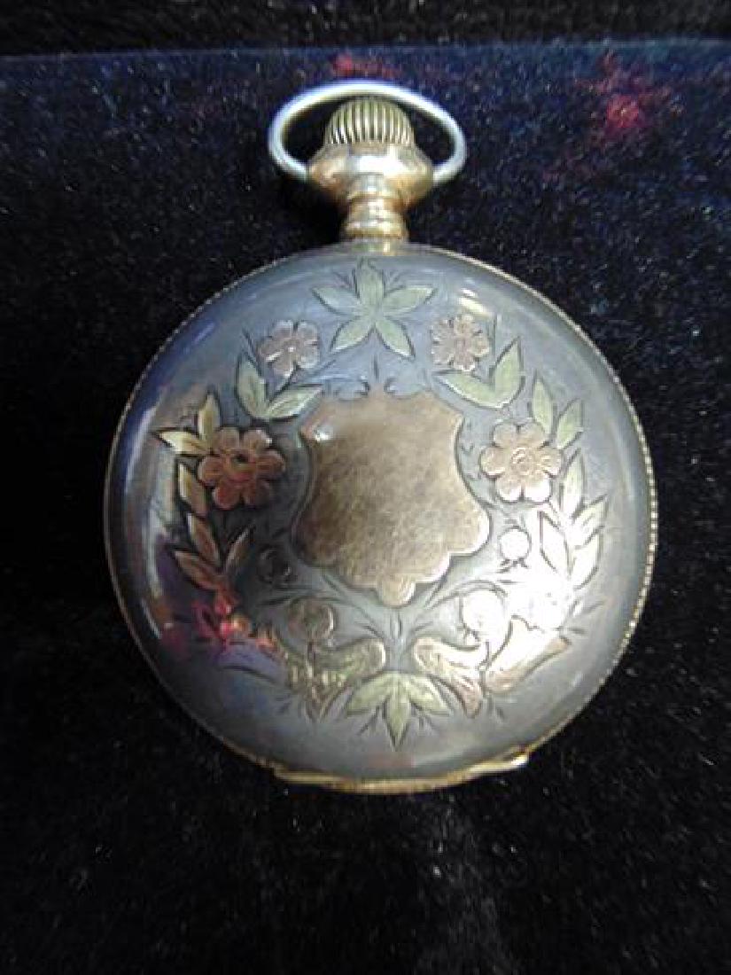 Tri Color Waltham Hunter Case Pocket Watch: Silver with gold and green size 18 15 jewel Waltham pocket watch .Interior marked Illionois Watch Company. Not running. The mechanical condition of clocks and watches is not guaranteed, nor is the dis