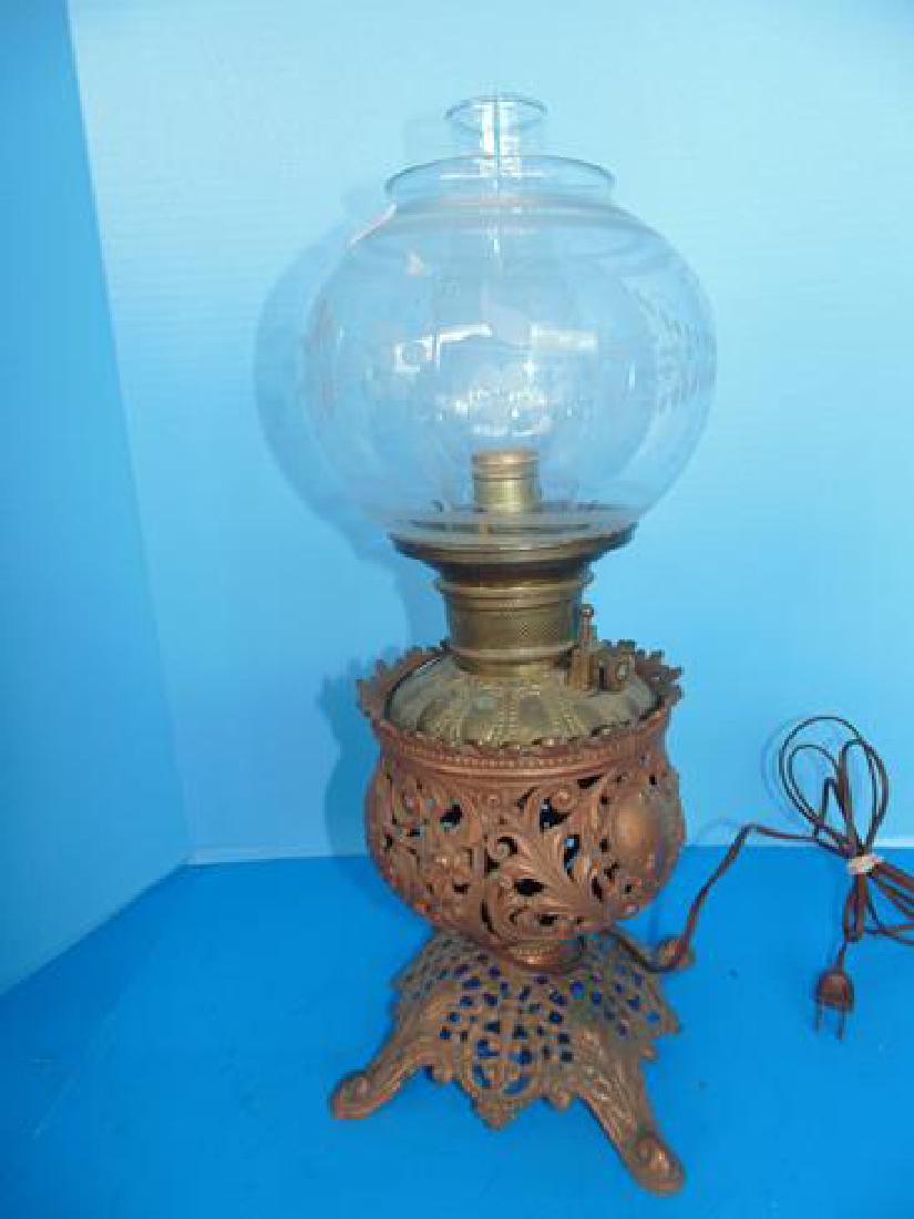 Brass Oil Lamp With Etched Shade (1 of 1)