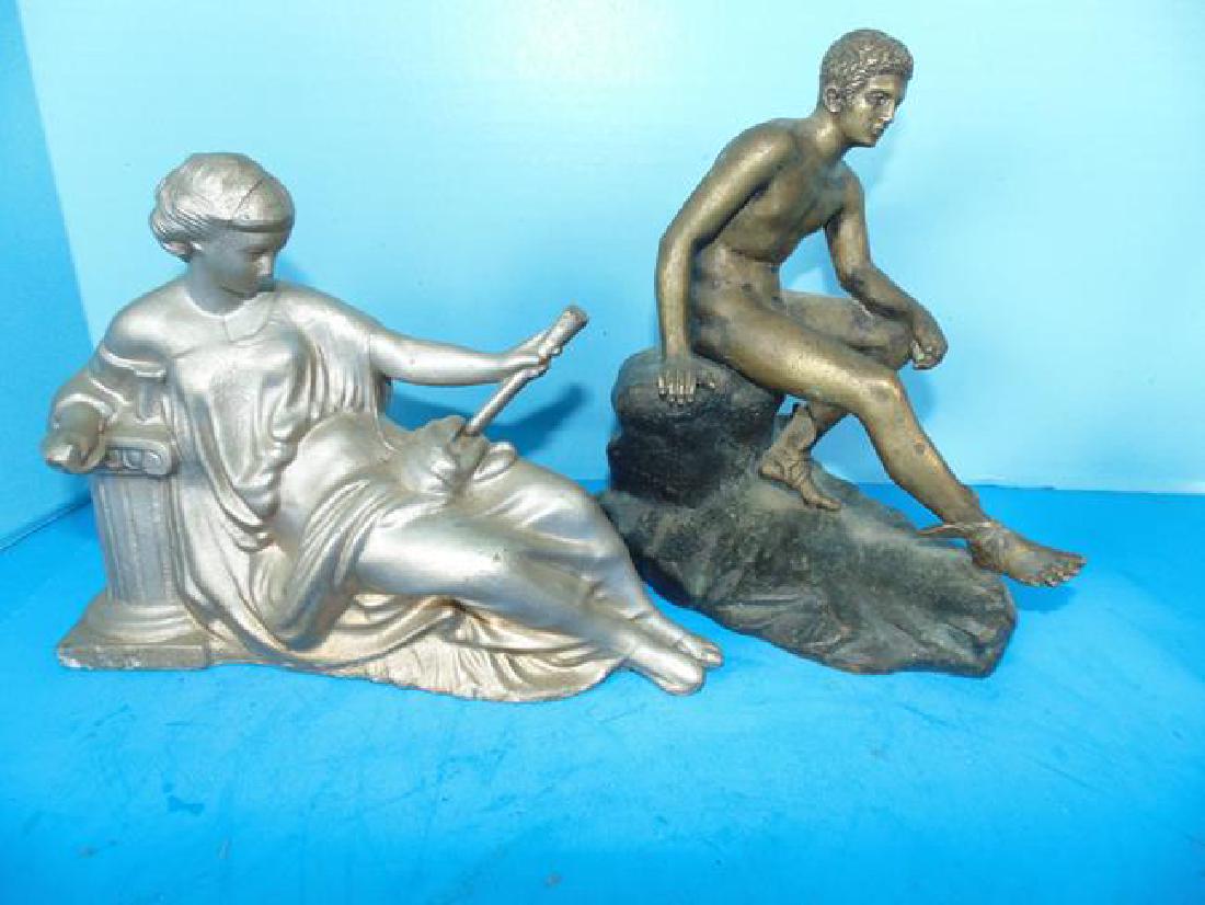 Brass Figure of Nude Male & Reclinging Woman: Brass figure of nude male sitting on a rock 9" tall. Spelter figure of woman reclining.