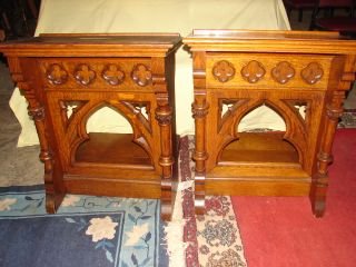 Pair of Oak Gothic Religious Church Kneelers Kneele: Kneelers stand 34" tall and 27" wide. Brass Placque on each for dedication. Matched pair of antique Gothic style church kneelers with Corinthian columns. Solid oak. Excellent original condition.