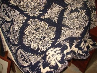 Antique Blue & White Coverlet Signed 1840: Early 1840 Blue & White Coverlet with Eagles, Trees and Houses. Reversible. Excellent condition. Woven by Ithaca Carpet Factory Arch Davidson 1840.