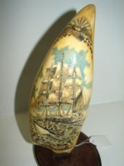 Heavy 9" Nantucket Carving Whale Tooth: Fully Carved on both sides of large tooth. Nipped in the Ice on one Side. Stove by A Whale on other side. American Flag and Eagle on top point of tooth