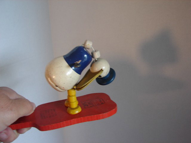 Fisher Price Pop Up Kritter Donald Duck: Wood 10 1/2" figure of Donald Duck on strings. Walt Disney Enterprises. Donald's string attaching his head is loose and will not tighten up when the strings are pulled. No arms.