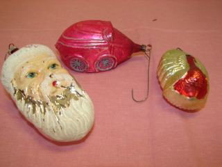 Glass Christmas Tree Ornaments: 4" Santa Face with white and silver beard, red Car, and 3" peacock. Very good condition.