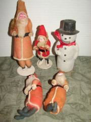 Snowman and Santa Claus Figures: nowman 7" candy container, Tall Santa Claus Candy Container plus 2 Cotton tree hanging Santa figures and small Santa Figure. Snowman very good condition. Santa figures are faded.