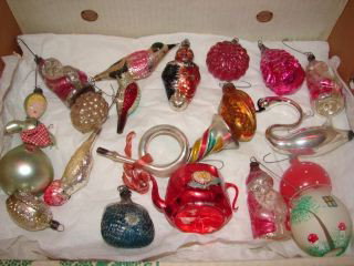 Group of 18 Glass Christmas Ornaments : Group includes Purse, Teapot, Santas, Birds, Swan. Some wear on the paint.