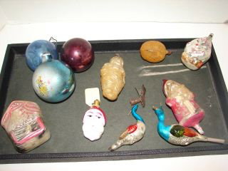 Glass Christmas Ornaments: Punch & Judy, Pluto, Santa, Santa Light, Walnut, 2 Birds, clown, clown face. very good condition.