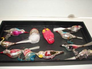 11 Glass Christmas Ornaments : Owl, Santa Head, Bell & 8 Birds. Very good conditio.
