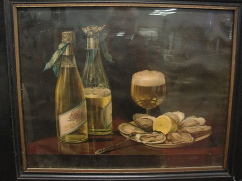 Pabst Blue Ribbon Advertising Sign Framed : Pabst Brewing Co Paper Litho Ad Poster with Pabst Blue Ribbon beer bottle and plate of oysters. 18"x14. Early 1900's
