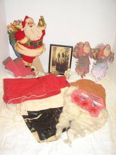 Vintage Christmas Items Santa Face MAsk and pants,: Santa Face MAsk and pants, Old Photo of Santa & Children, Cardboard Santas, Wax Angel.