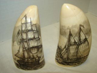 2 Ivory Schrimshaw Pieces: 2 pieces of ivory 4 1/4" tall and 3 3/4" Signed Vienneau. Very good condition.