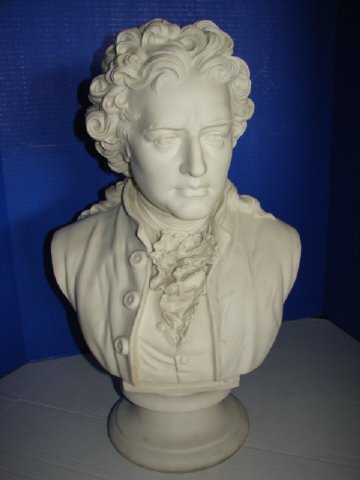 Parian Bust of Mozart: Large 22" parian bust of Mozart. The initials RL are impressed in the back of the bust. Very good condition.