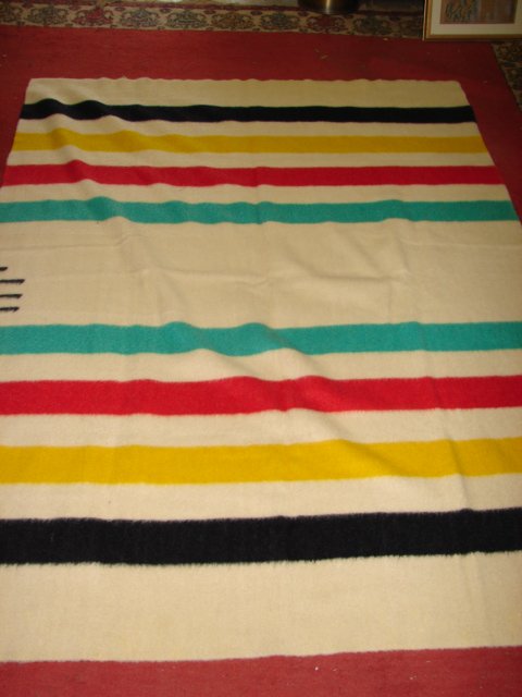 Hudson Bay Wool Blanket: Hudson Bay green, red and black stripe wool blanket. Blanket has the Hudson Bay Point Blanket gold and white label. Very good condition . Measures 5'3"x 6'6'.