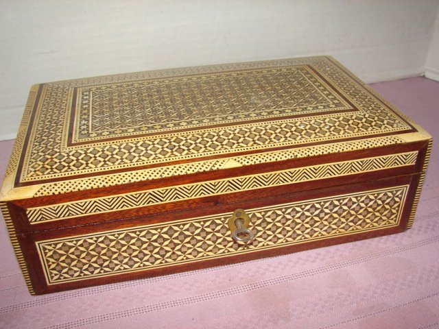 Inlaid Wood Box with Key: Wood box with inlay. Box measures 10 x 6 1/2". Box has key for lock. Very good conditon.