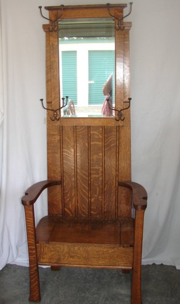 Oak Hall Seat: Oak Lift Seat Hall Seat with mirrored back and hooks. Very good condition.
