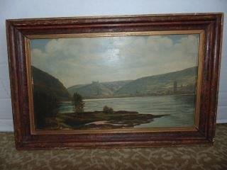 Lake Scene Painting by Otto Goebel: Listed Artist Otto Goebel signed painting on board. Measures 13 1/2 x 8 1/2. Back of painting is inscribed Der Rhein ben Obiresel. Very good condition.