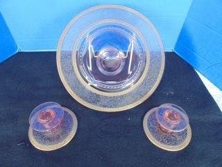 Depression Glass Console Set: Center bowl and candlesticks. Pink with etched gilt border. Very good condition.