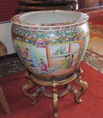Oriental Fish Bowl: Fish bowl with wood stand. Very good condition.