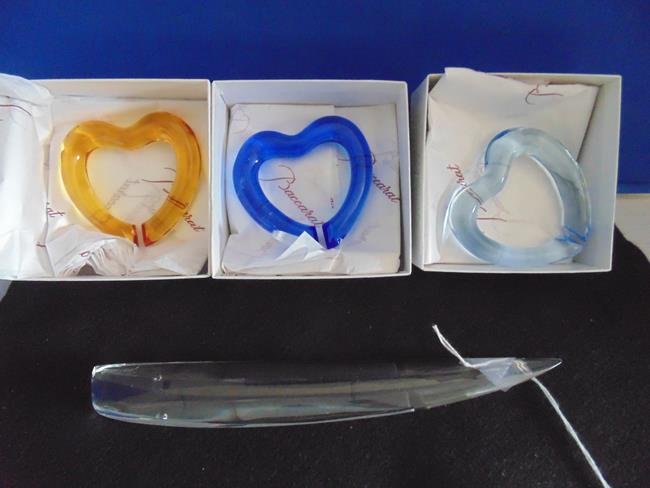 Baccarat Crystal Letter Opener & Colored Hearts: Signed Baccarat letter opener and 3 glass hearts. Very good condtion.