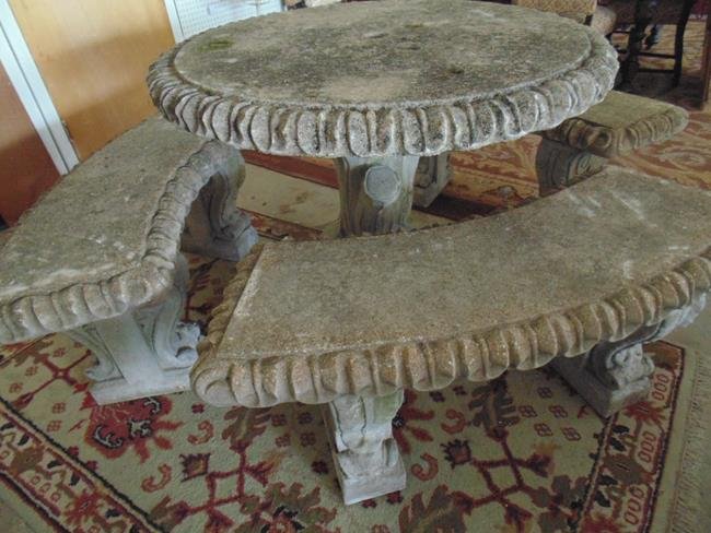Vintage Concrete Garden Set: Round table and 3 benches. Very good condition.
