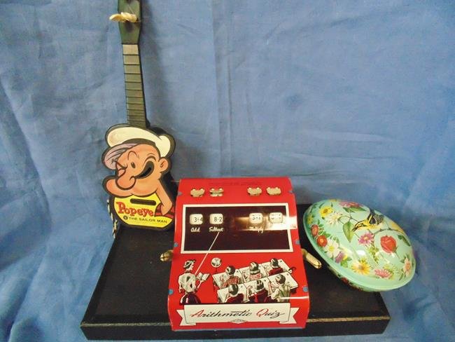 3 Toys Popeye Guitar Plus Others: Mattel Popeye guitar , Mattel Egg and Arithmatic game. Good condition.