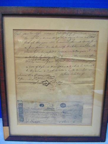Framed Document and $5.00 Bank Note: $5.00 Bank Note dated 1807 from Bank of Columbia Hudson.