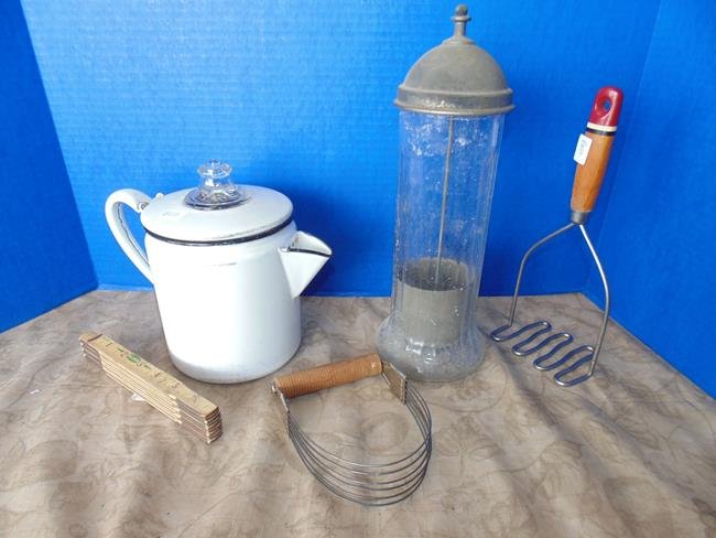 Vintage Kitchen & Soda Fountain Straw Dispenser: Group of vintage kitche items including enamel coffee pot, mashers, ruler and a Soda Fountain Straw dispenser.