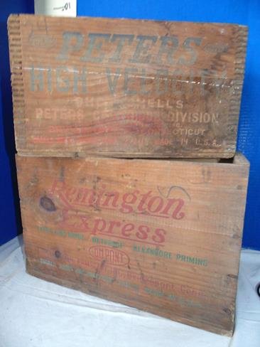 Remington & Peters Shot Gun Ammo Shell Wood Crates: Peters High Velocity Shot Gun Shells USA measuring 14 1/2' X8"X9". Remington Express Extra Long Range Wood Ammunition Box measuring 16 1/2"x10".
