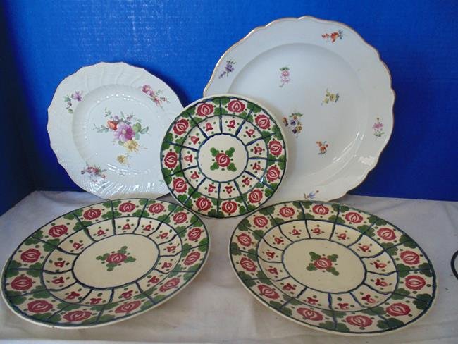 Group of Plates Including Meissen: Large Meissen 12" serving dish with crossed sword mark, 9" KPM plate with secpter mark, and 3 titian ware plates.