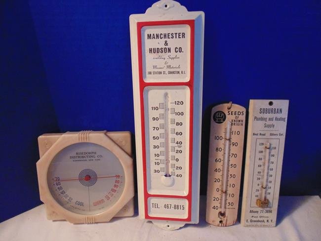 Advertising Thermometers: Suburban, GLF Seeds, Mancester & Hudson, and Reisedorph.
