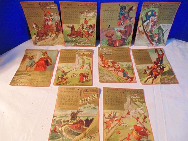 Black Memorabelia Clarenc Brooks & Co Calendar: 10 months of the Clarence Brooks & Co Calendar Maker of Fine Coach Varnishes. Each month depicts a different scene complete with verse at the bottom. Measures 5"x6 1/4".