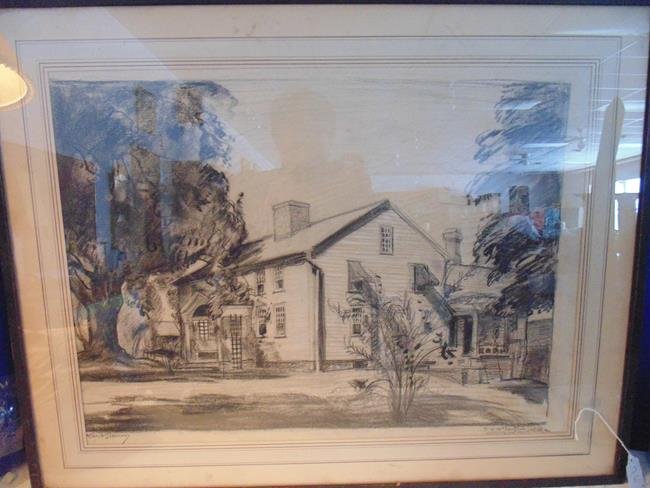 Drawing Signed by Albert Stenner: Drawing of a house by listed artist Albert Sterner. Measures 29" x 23".