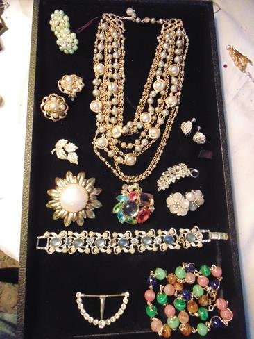 Costume Jewelry: Kramer Neclace, moonstone earrings, pin maked sterling, etc.