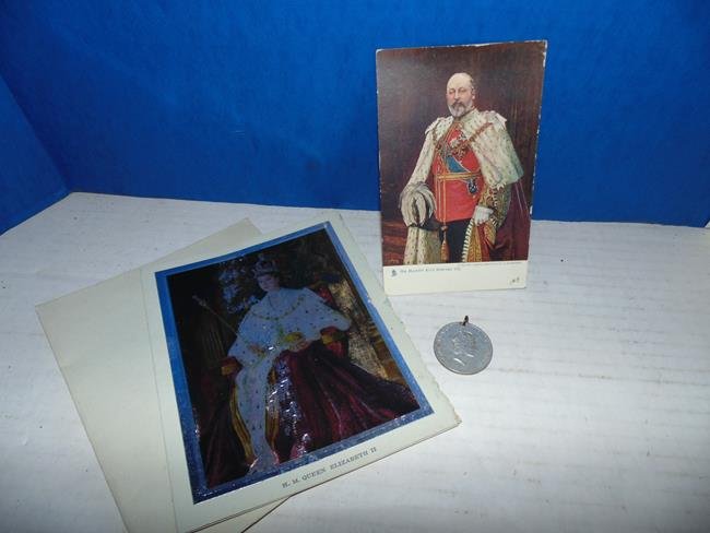 Queen Elizabeth Coronation Card, etc.: Queen Elizabeth coronation card, medallion and King Edward Post Card.