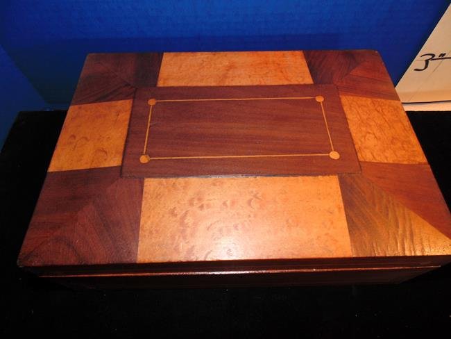 Inlaid Sewing Box with Curley Maple Panels: Inlaid box with canted top and curley maple panels 11" x4" tall.